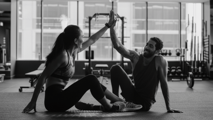 A man and woman sit on a gym floor smiling and giving each other a high five after exercising, surrounded by gym equipment and large windows in the background.